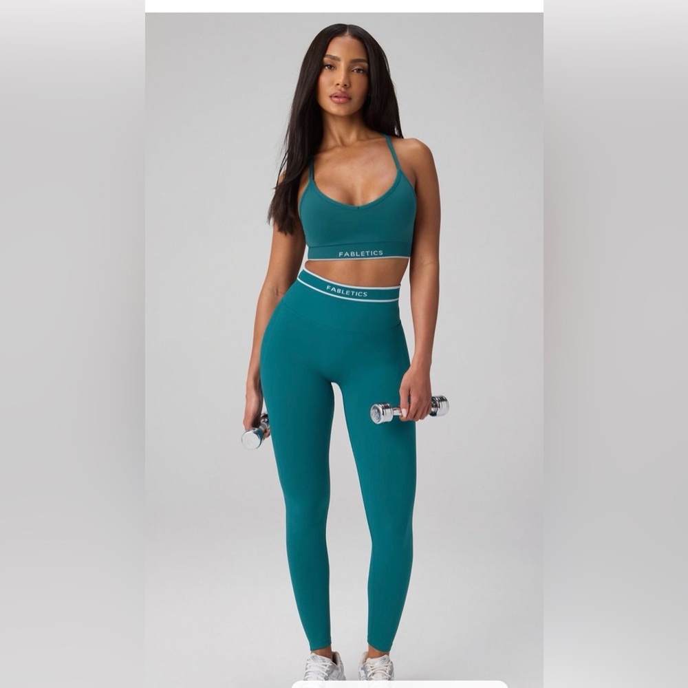 Fabletics Teal Blue Strappy Sports Bra & High-Waist Leggings Set size small NWT